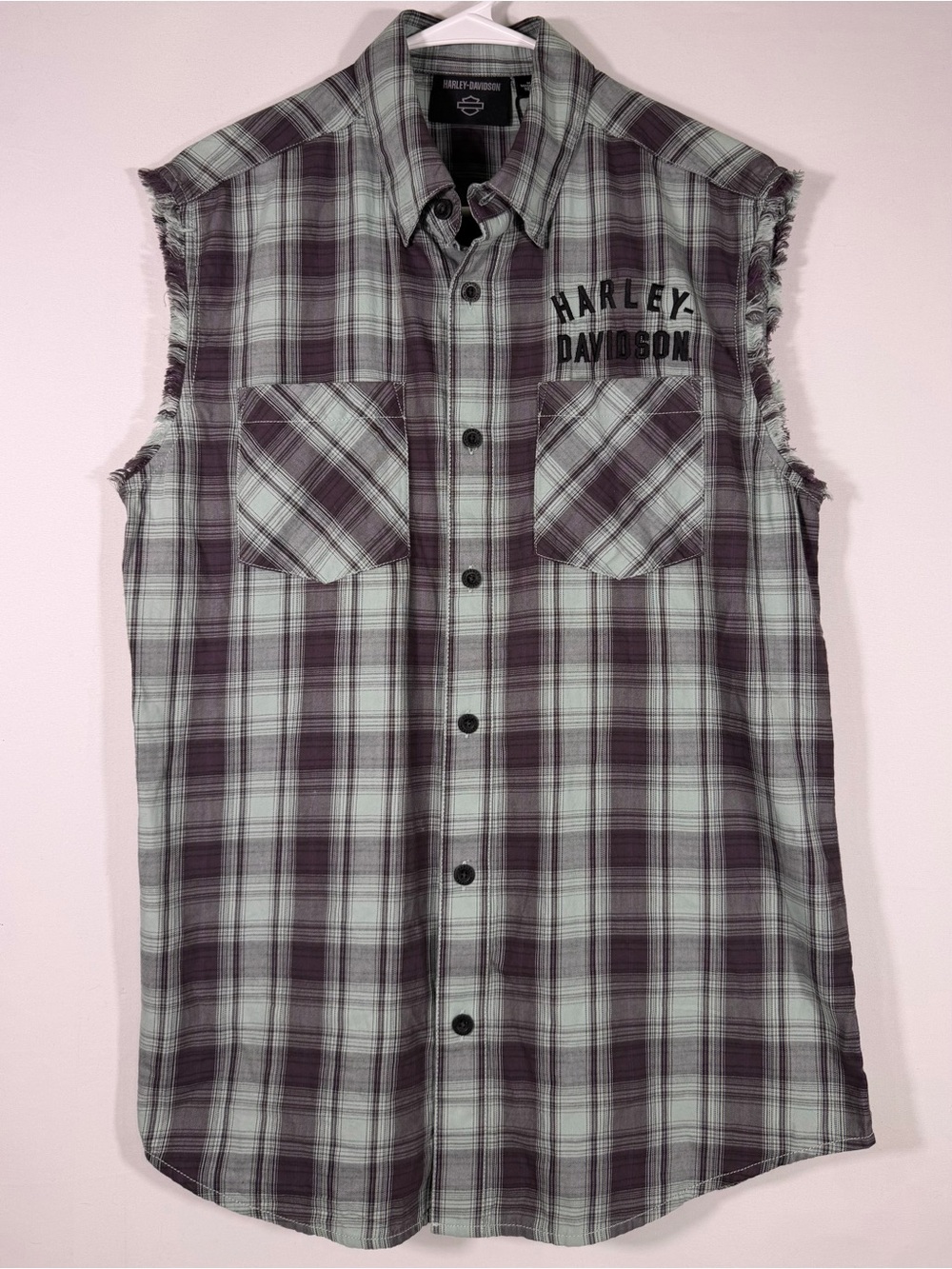 NWT Harley-Davidson Plaid Sleeveless Shirt Distressed Raw Edge Medium